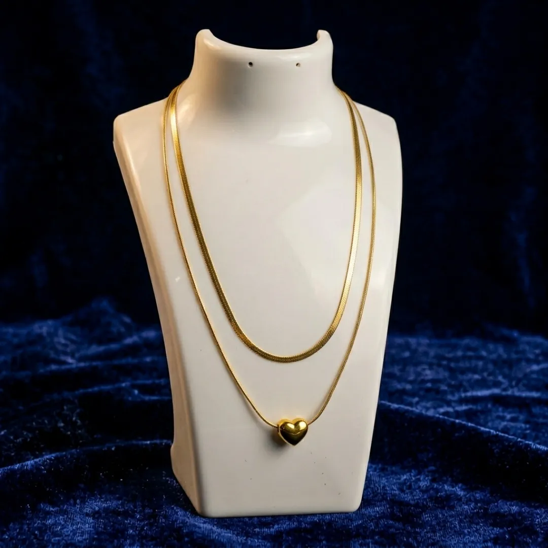 Layered Heart Pendant Necklace with Herringbone Chain – Stainless Steel 18K Gold Plated Designer Jewellery