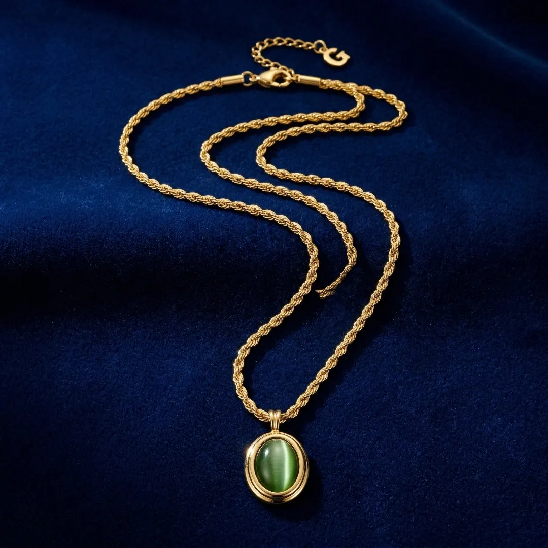 Oval Green Stone Pendant Necklace – Stainless Steel 18K Gold Plated Minimal Designer Jewellery