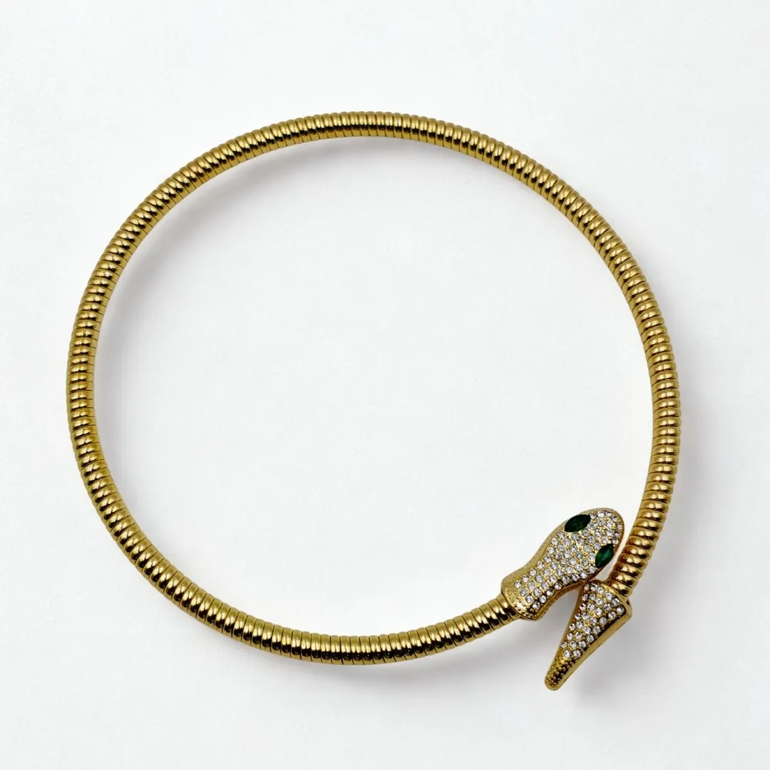 Snake Design Statement Necklace with Green Stone – Stainless Steel 18K Gold Plated Designer Jewellery
