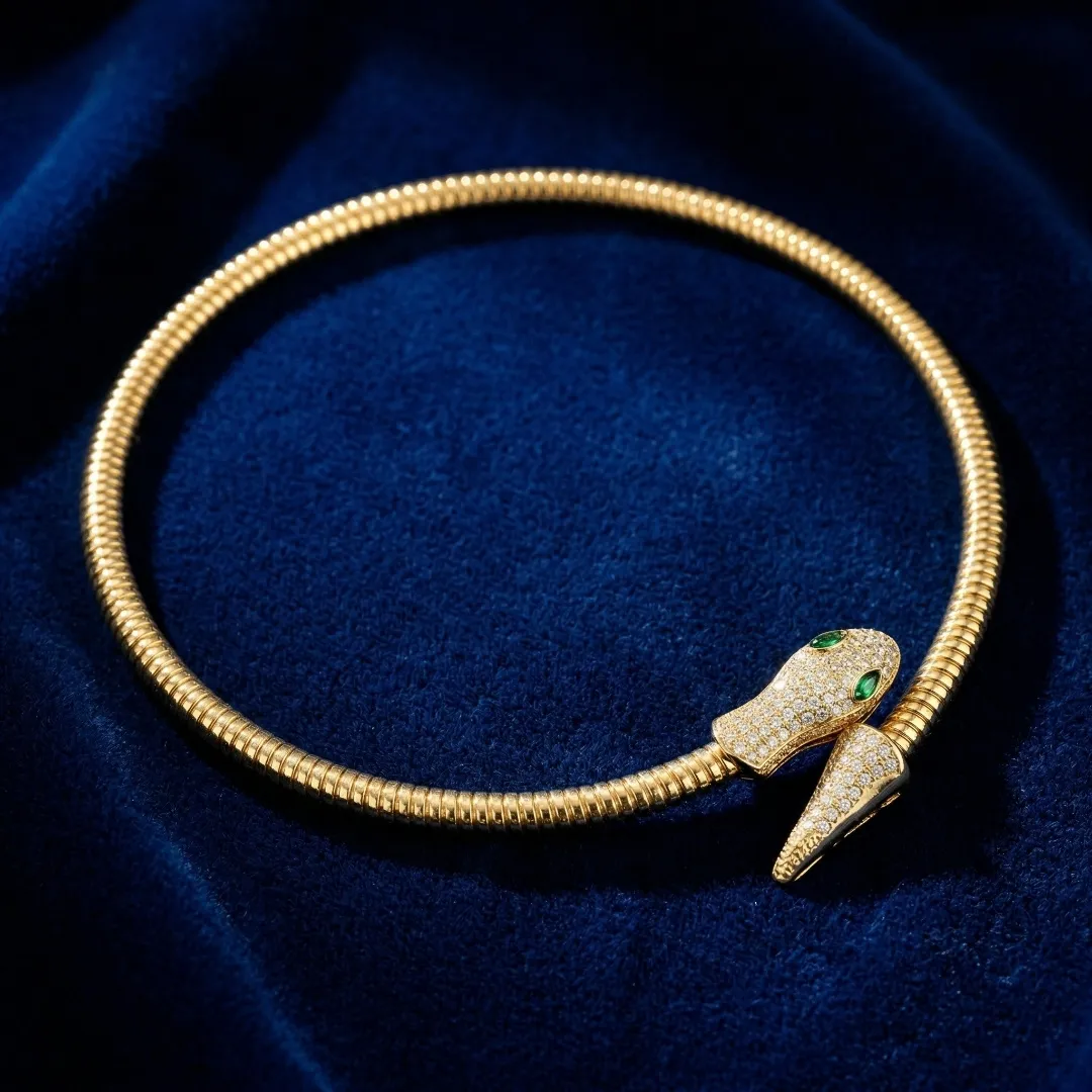 Snake Design Statement Necklace with Green Stone – Stainless Steel 18K Gold Plated Designer Jewellery
