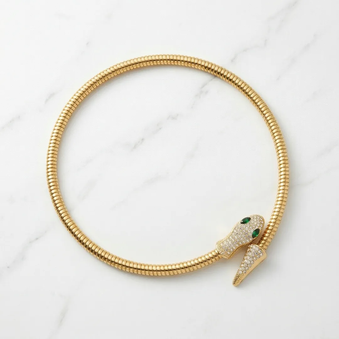 Snake Design Statement Necklace with Green Stone – Stainless Steel 18K Gold Plated Designer Jewellery