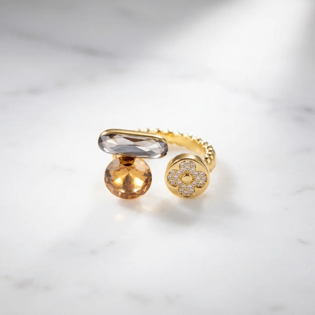 Multi-Design Open Statement Ring – Stainless Steel 18K Gold Plated Crystal & Floral Designer Jewellery