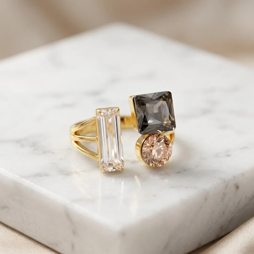Geometric Multi-Stone Statement Ring – Stainless Steel 18K Gold Plated Designer Party Wear Jewellery