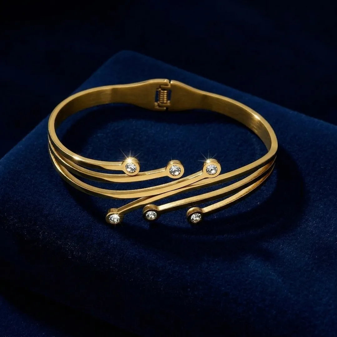 Stainless Steel 18K Gold Plated AD Stone Open Cuff Bracelet for Women | Minimalist Designer Party Wear Jewellery