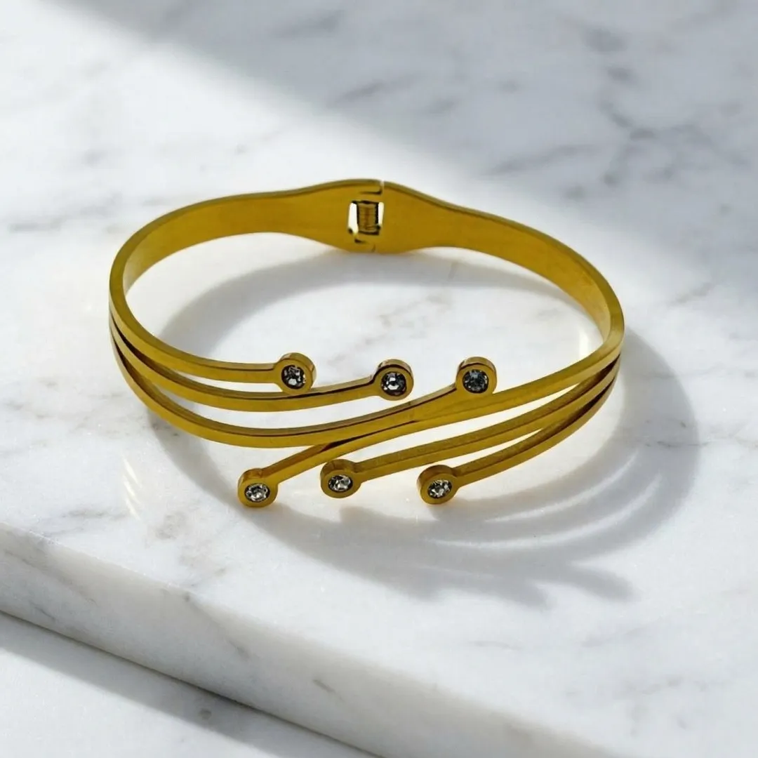 Stainless Steel 18K Gold Plated AD Stone Open Cuff Bracelet for Women | Minimalist Designer Party Wear Jewellery
