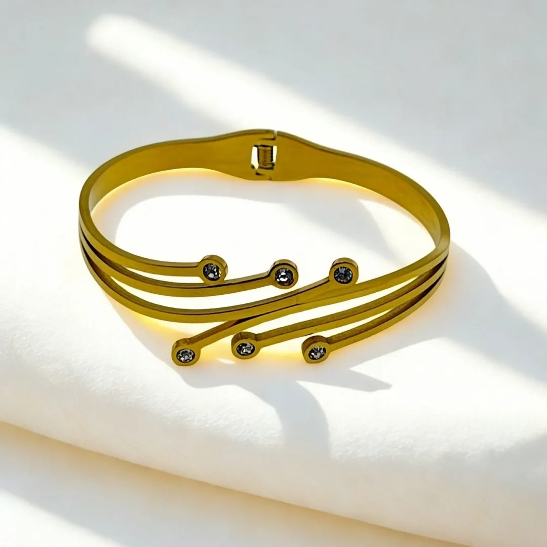 Stainless Steel 18K Gold Plated AD Stone Open Cuff Bracelet for Women | Minimalist Designer Party Wear Jewellery
