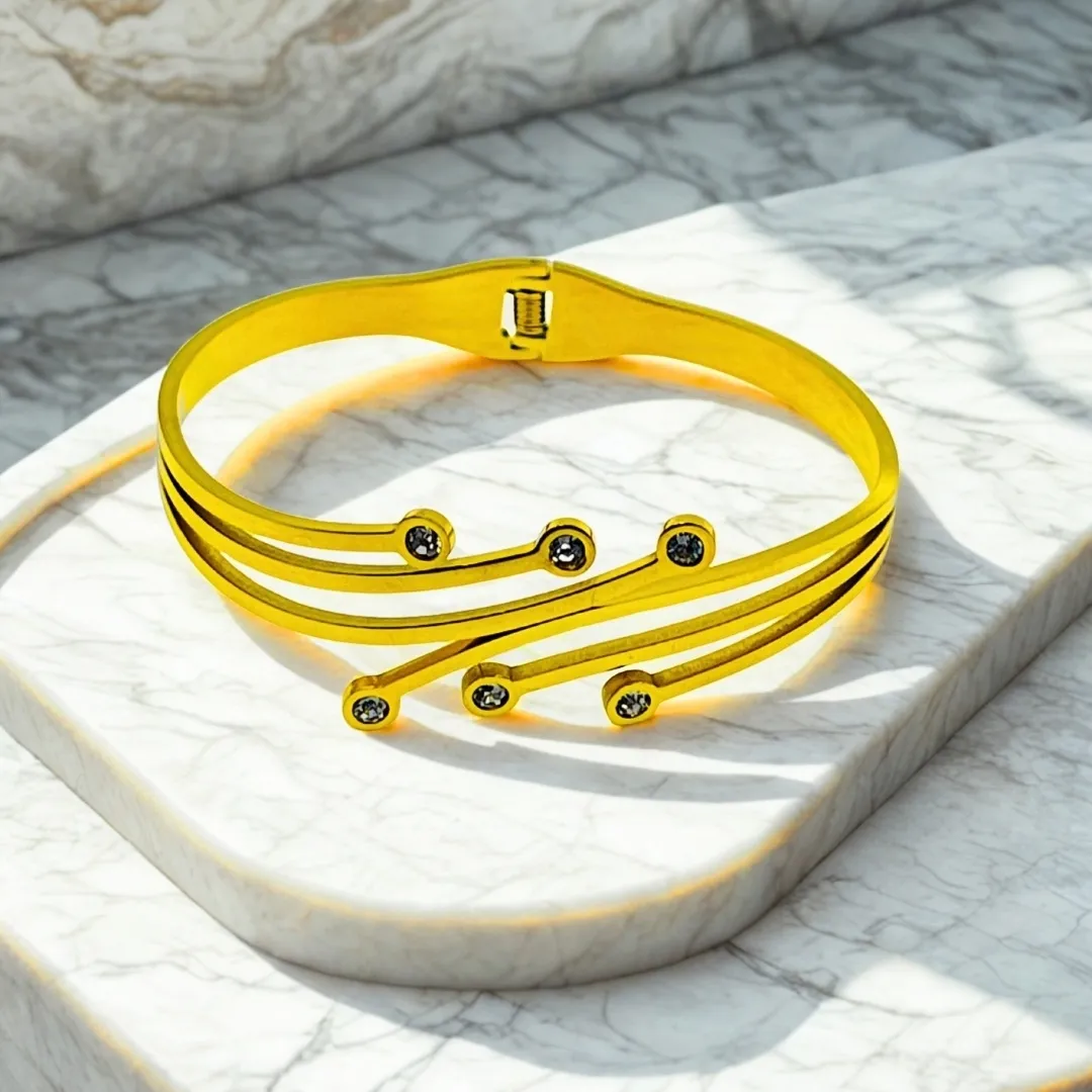 Stainless Steel 18K Gold Plated AD Stone Open Cuff Bracelet for Women | Minimalist Designer Party Wear Jewellery