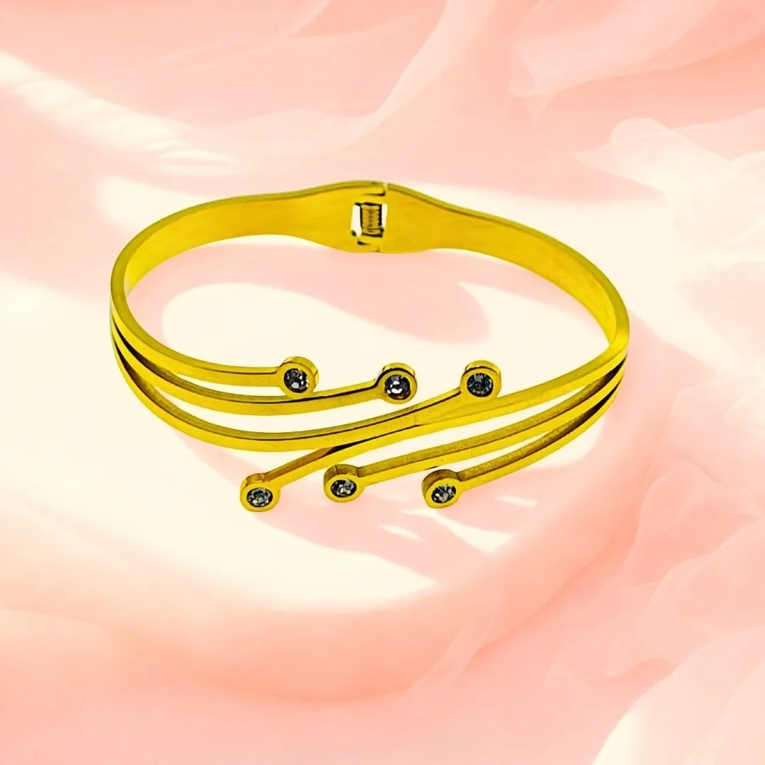 Stainless Steel 18K Gold Plated AD Stone Open Cuff Bracelet for Women | Minimalist Designer Party Wear Jewellery