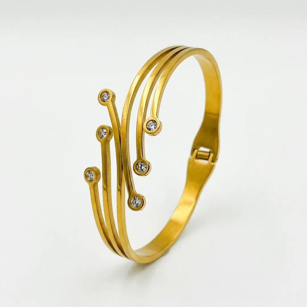 Stainless Steel 18K Gold Plated AD Stone Open Cuff Bracelet for Women | Minimalist Designer Party Wear Jewellery
